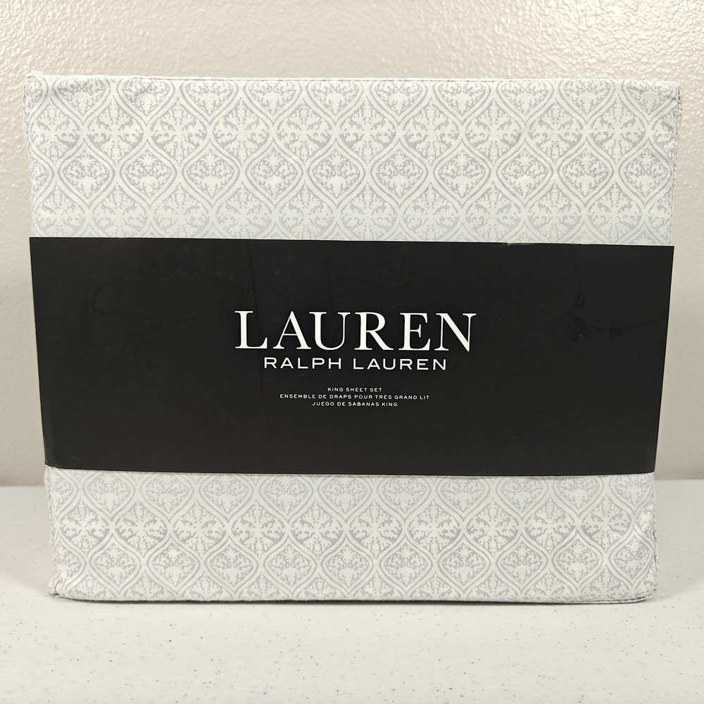 Lauren Ralph Lauren King Sheet Set 4Pc Cotton Blue White Medallion Geometric NEW